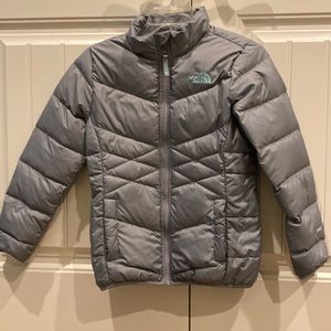 Girls M The North Face puffer jacket gray and mint